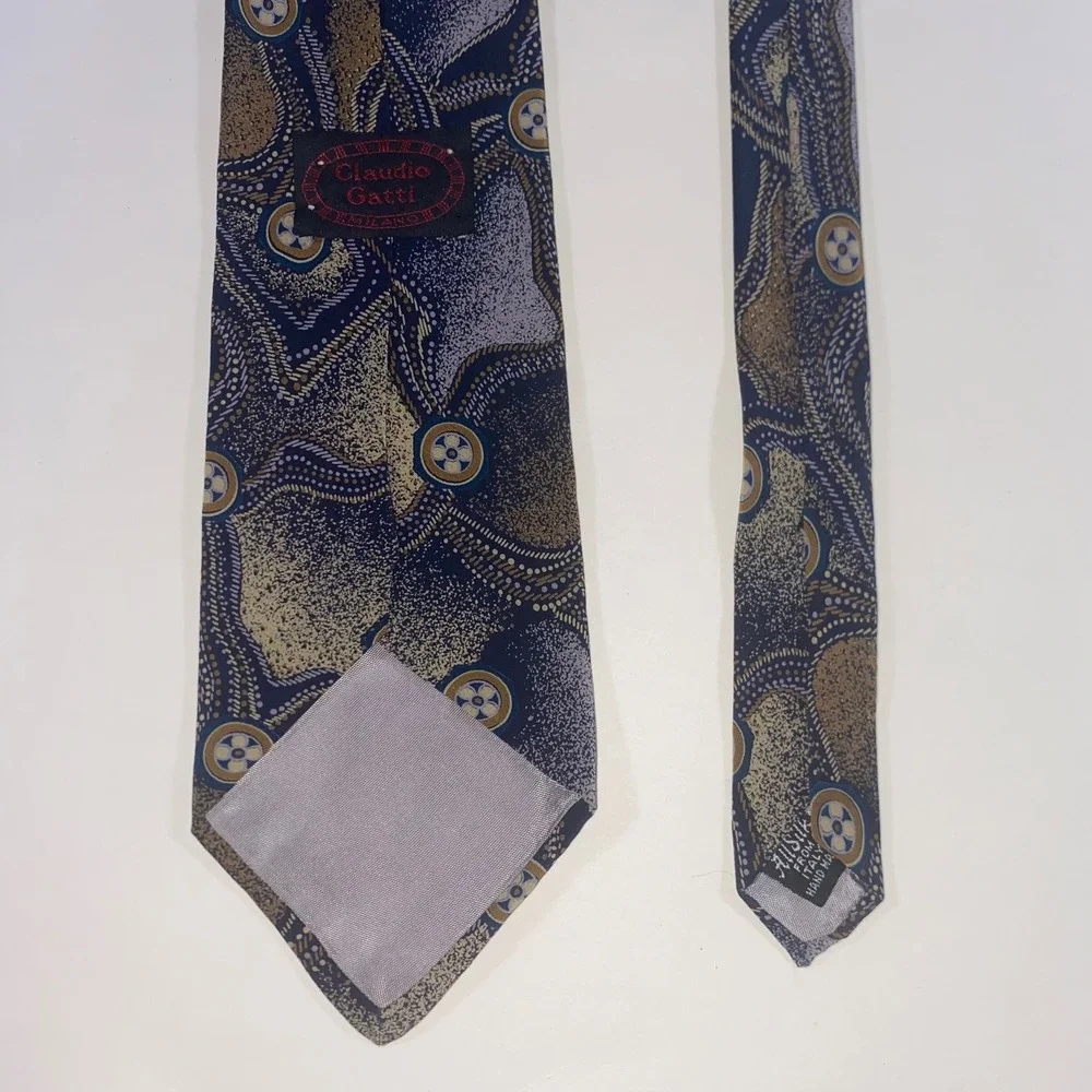 Claudio Gatti Milano Mens Silk‎ Tie Blue Gold Abstract Geometric Made in Italy